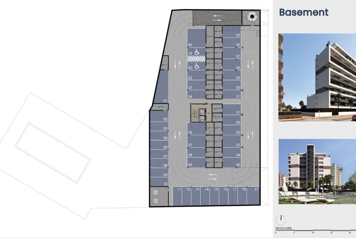Basement layout showing numbered parking spaces, storage rooms and the central stair and lift core in Guardamar del Segura, Alicante