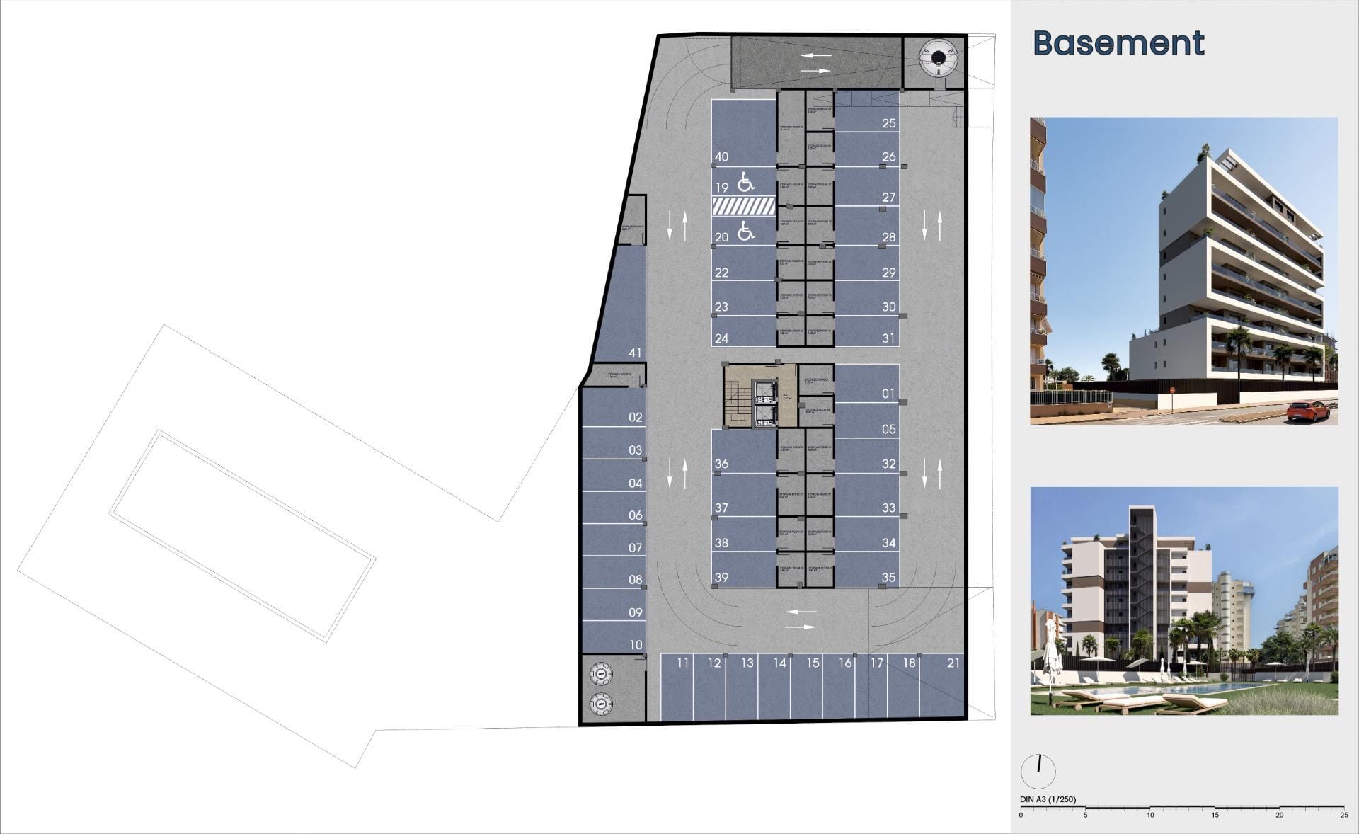 New-Build-Apartments-in-Guardamar-del-Segura-9 Basement layout showing numbered parking spaces, storage rooms and the central stair and lift core in Guardamar del Segura, Alicante