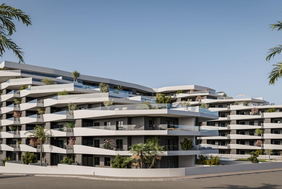 Rendering of the apartment complex with San Miguel de Salinas, Alicante, in the background