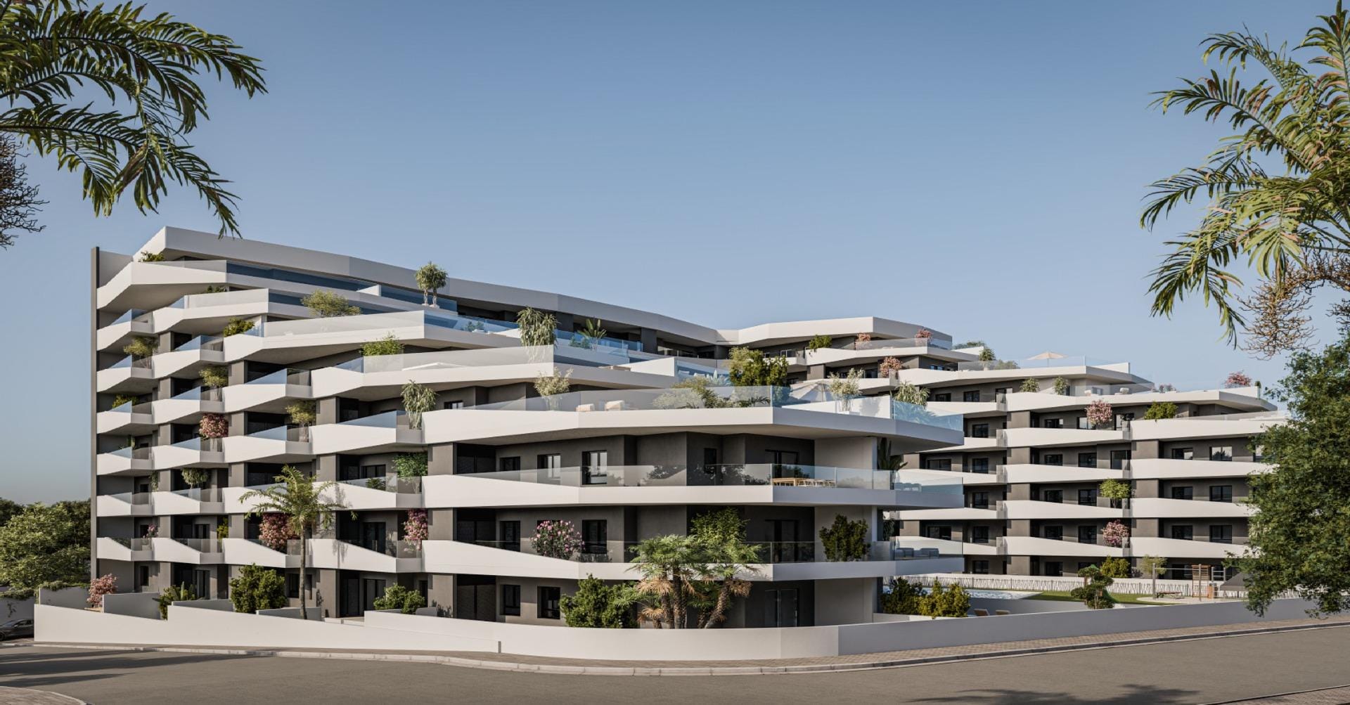 New-Build-Apartments-with-Pool-in-San-Miguel-de-Salinas-1 Rendering of the apartment complex with San Miguel de Salinas, Alicante, in the background