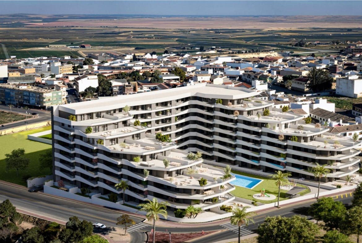 Aerial rendering of the new apartment development and countryside in San Miguel de Salinas, Alicante