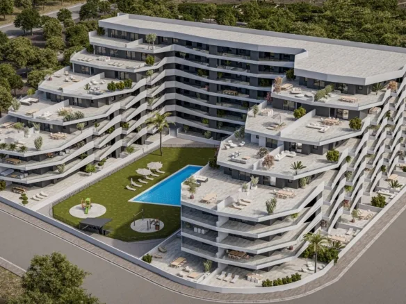 Aerial rendering of the new apartment development and countryside in San Miguel de Salinas, Alicante