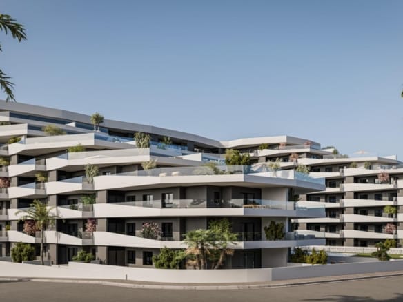 Aerial rendering of the new apartment development and countryside in San Miguel de Salinas, Alicante