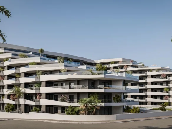 Aerial rendering of the new apartment development and countryside in San Miguel de Salinas, Alicante