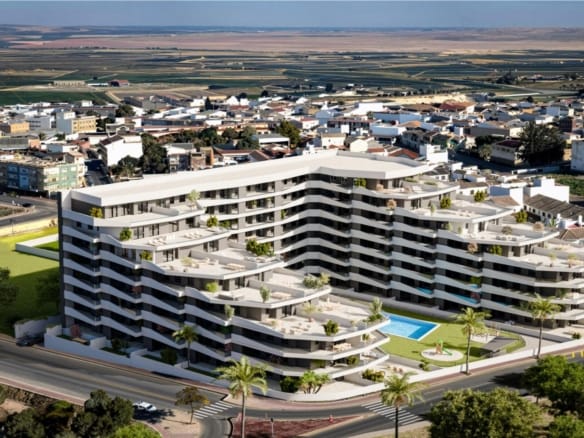 Aerial rendering of the new apartment development and countryside in San Miguel de Salinas, Alicante
