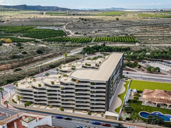 Aerial rendering of the new apartment development and countryside in San Miguel de Salinas, Alicante