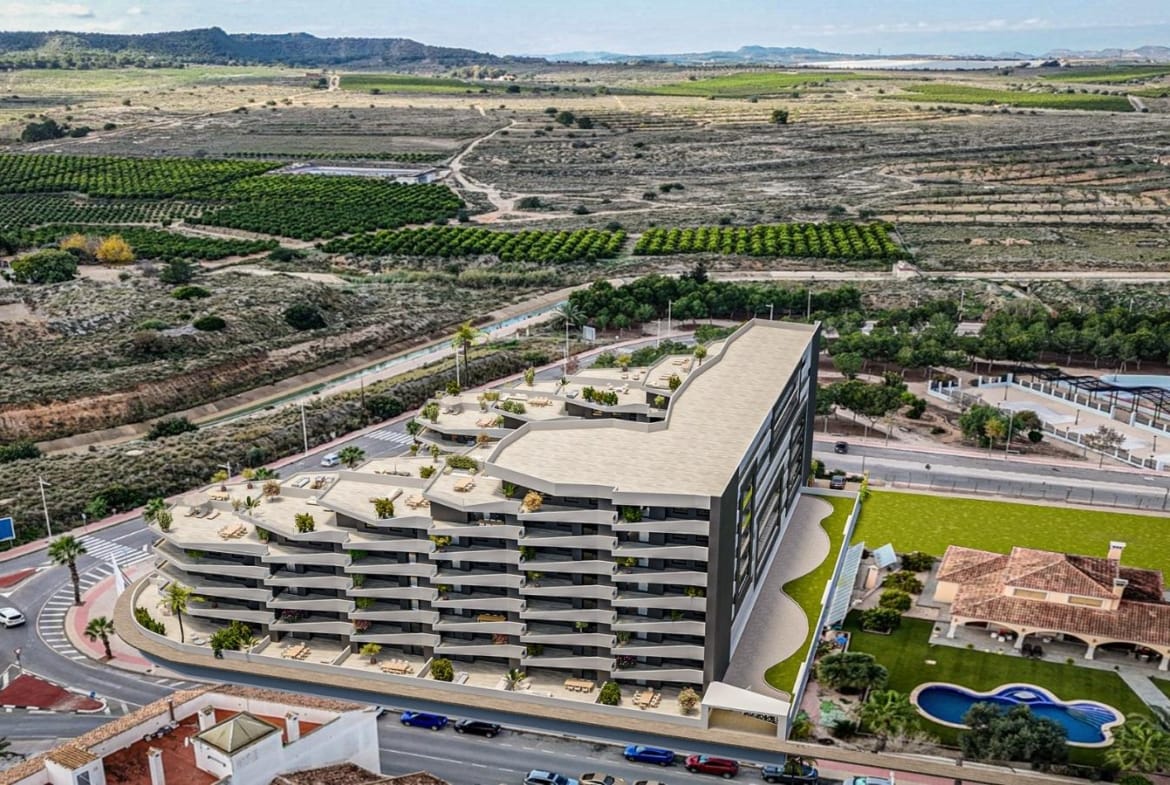 Rendering of communal pools, gardens and terraced apartment buildings in San Miguel de Salinas, Alicante