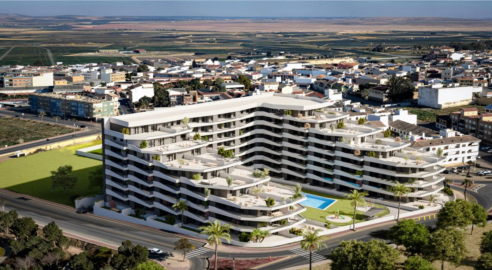 Visualisierung der Gemeinschaftspools, Gärten und Wohngebäude mit Terrassen in San Miguel de Salinas, Alicante