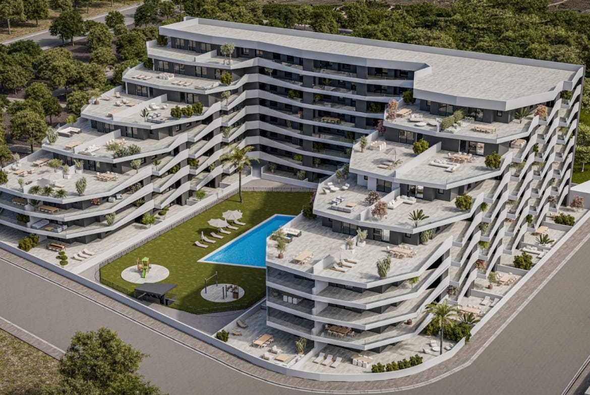 Rendering of communal pools, gardens and terraced apartment buildings in San Miguel de Salinas, Alicante