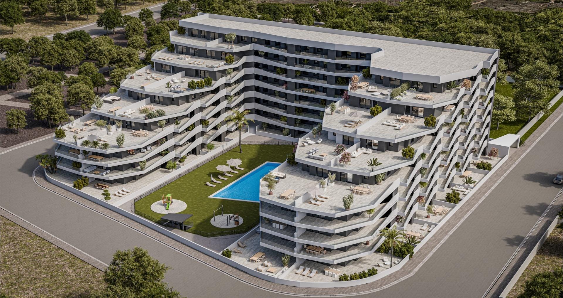 Rendering of communal pools, gardens and terraced apartment buildings in San Miguel de Salinas, Alicante
