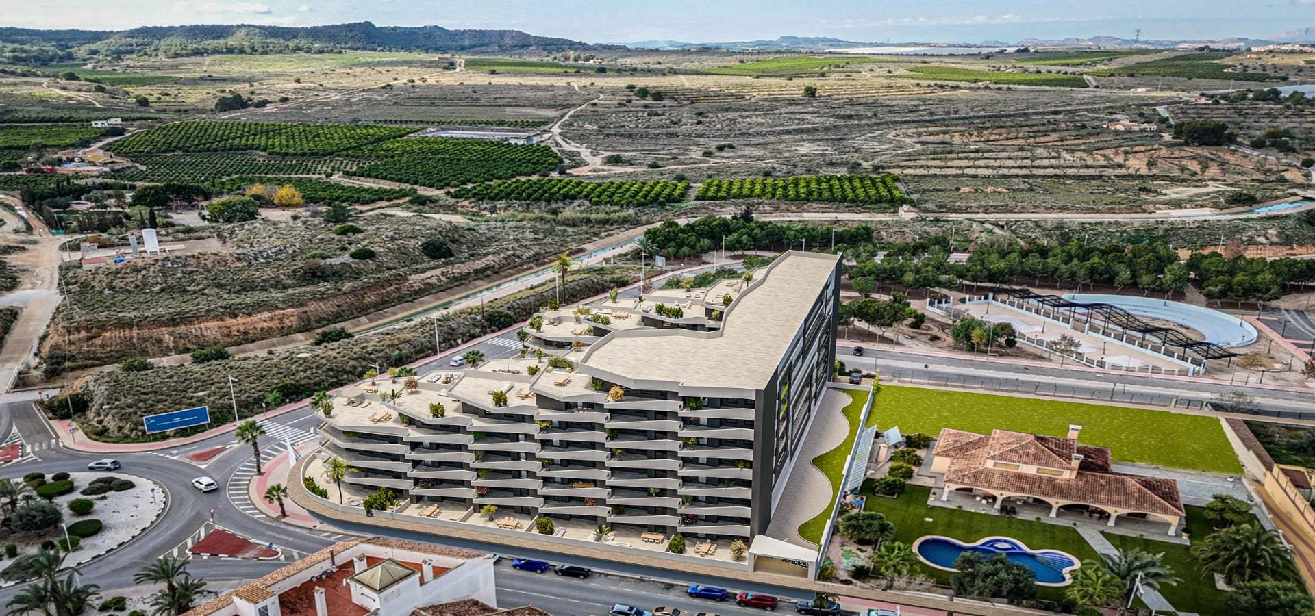 New-Build-Apartments-with-Pool-in-San-Miguel-de-Salinas-3 Street-level rendering of apartments with landscaped terraces in San Miguel de Salinas, Alicante