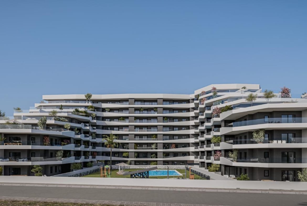 Front view rendering of the apartment development and communal pool in San Miguel de Salinas, Alicante