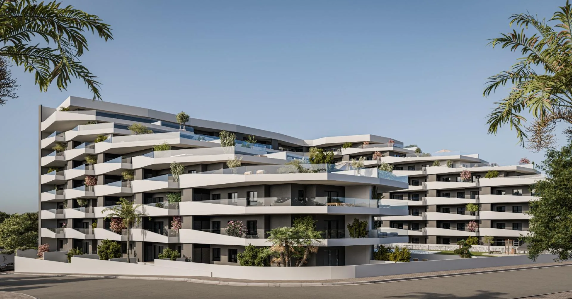 New-Build-Apartments-with-Pool-in-San-Miguel-de-Salinas-4 Front view rendering of the apartment development and communal pool in San Miguel de Salinas, Alicante