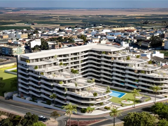 Aerial rendering of the new apartment development and countryside in San Miguel de Salinas, Alicante