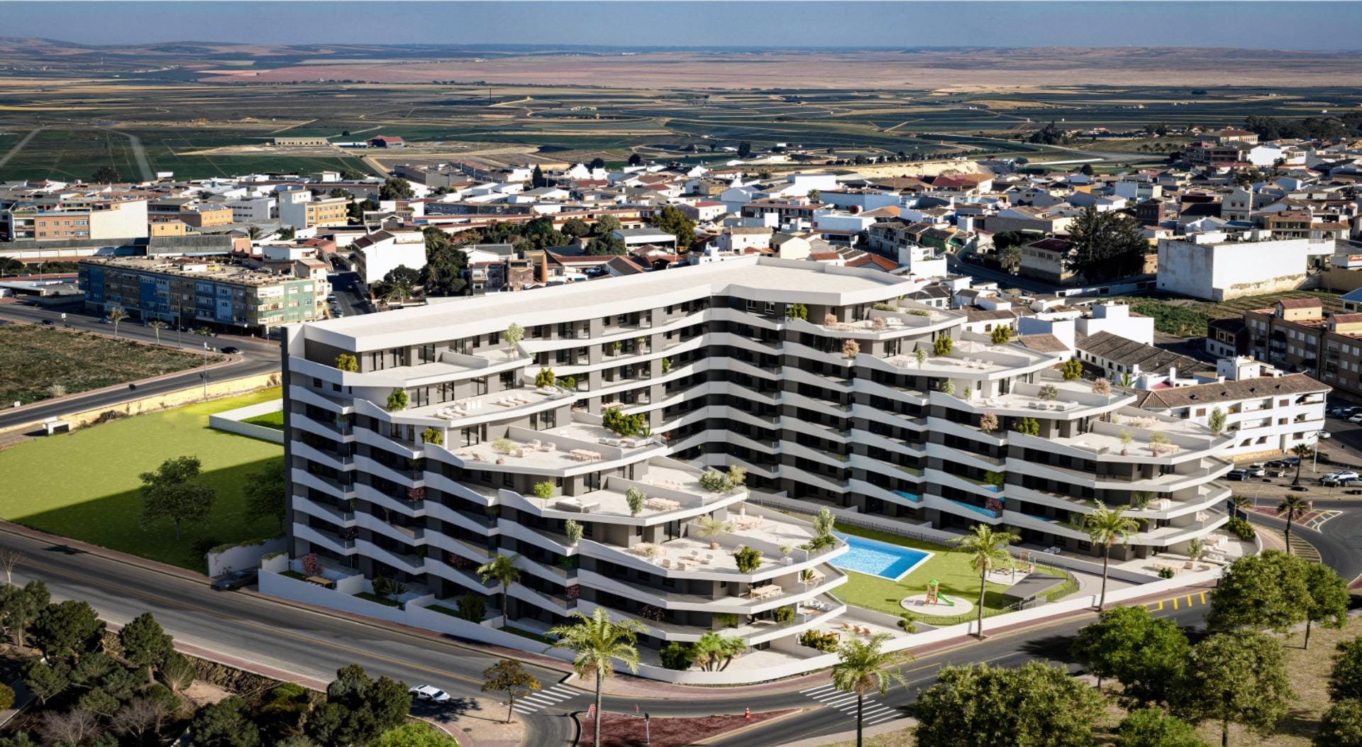 New Build Apartments with Pool in San Miguel de Salinas Aerial rendering of the new apartment development and countryside in San Miguel de Salinas, Alicante