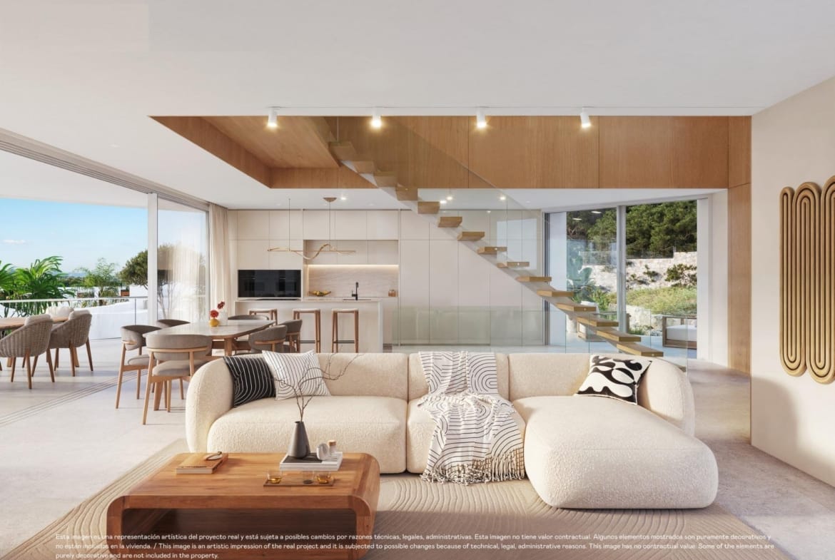 Living room and open-plan kitchen rendering for a villa in Las Colinas Golf, Orihuela, Alicante
