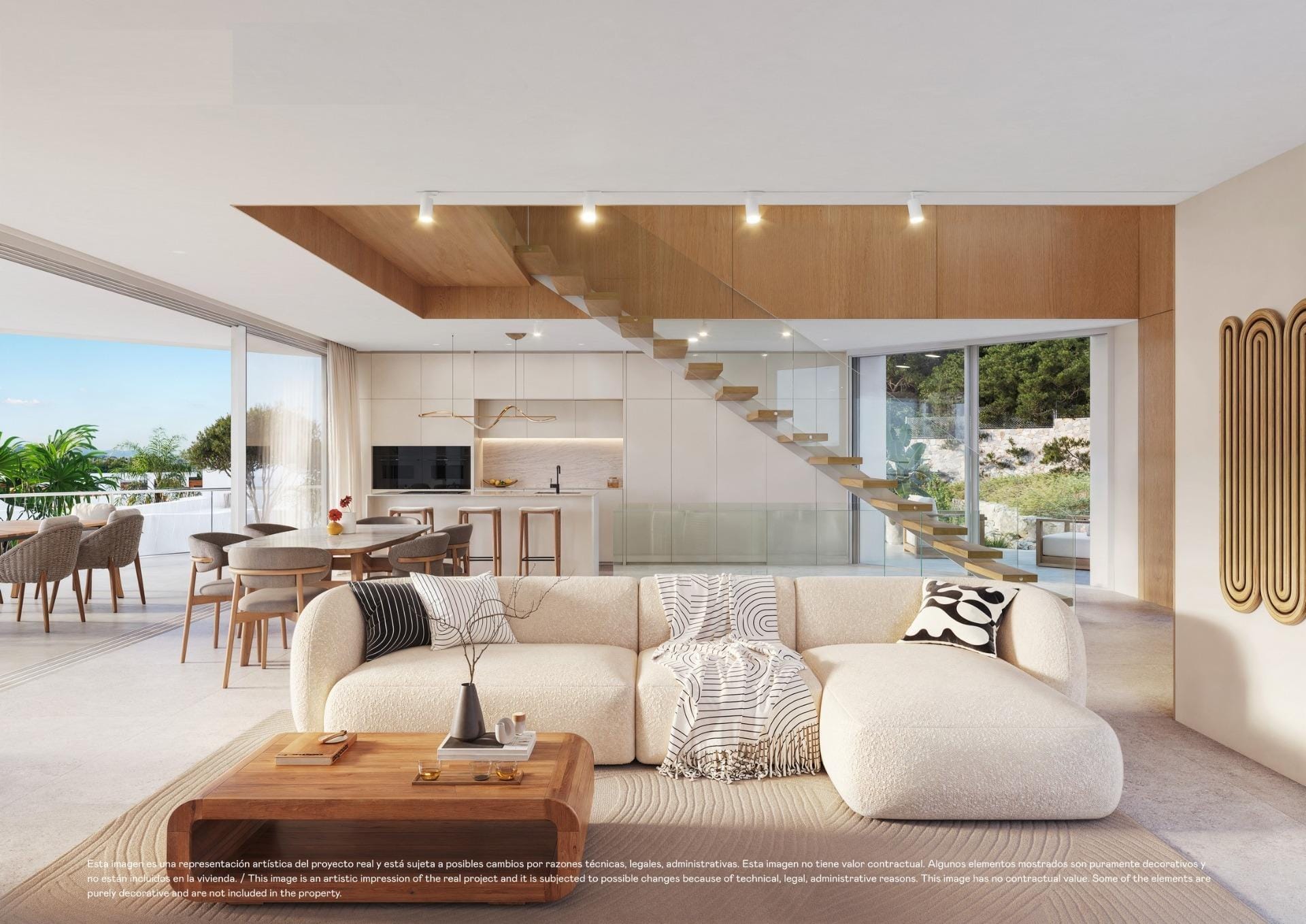Living room and open-plan kitchen rendering for a villa in Las Colinas Golf, Orihuela, Alicante
