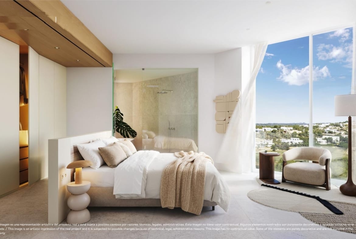 Bedroom rendering with large windows in a villa at Las Colinas Golf, Orihuela, Alicante