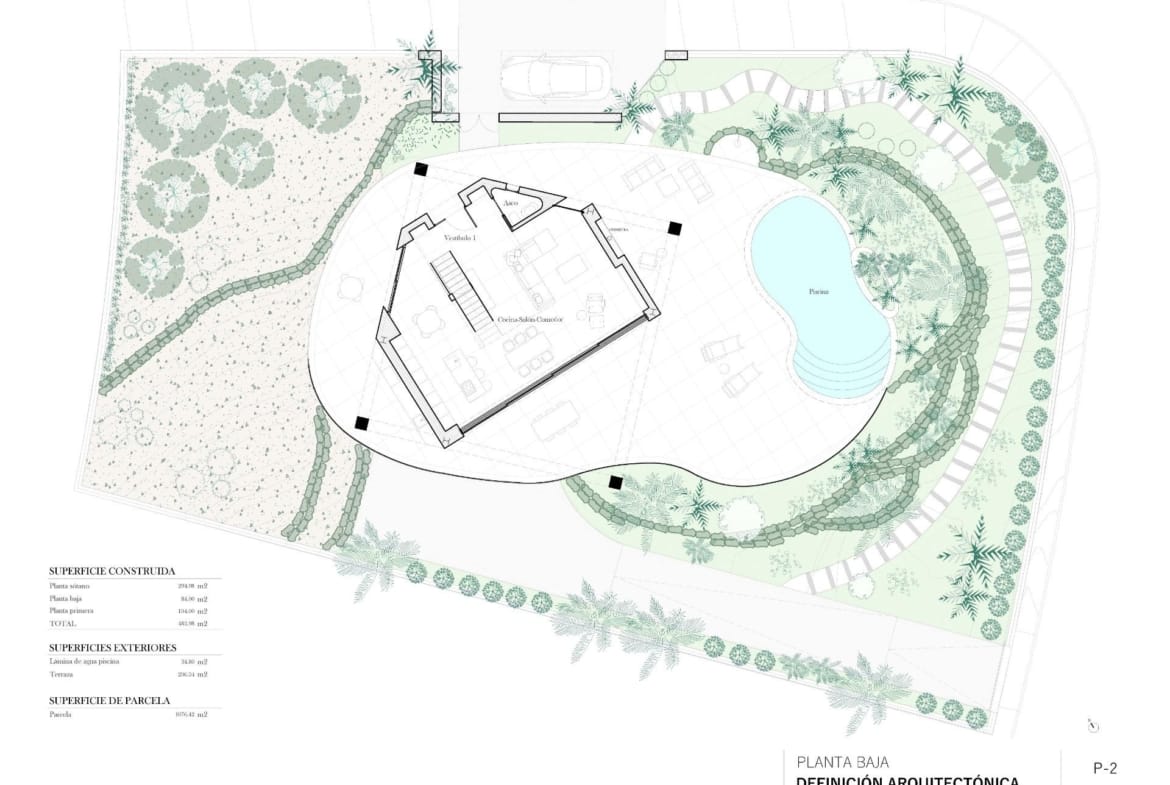 Ground floor and garden plan with a private pool at Las Colinas Golf, Orihuela, Alicante