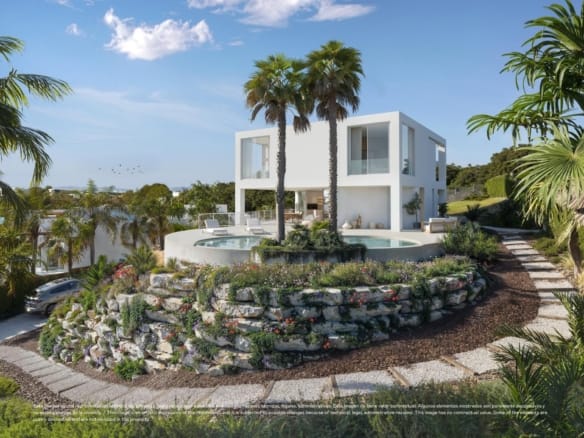Rendering of a villa with a private pool and landscaped grounds in Las Colinas Golf, Orihuela, Alicante