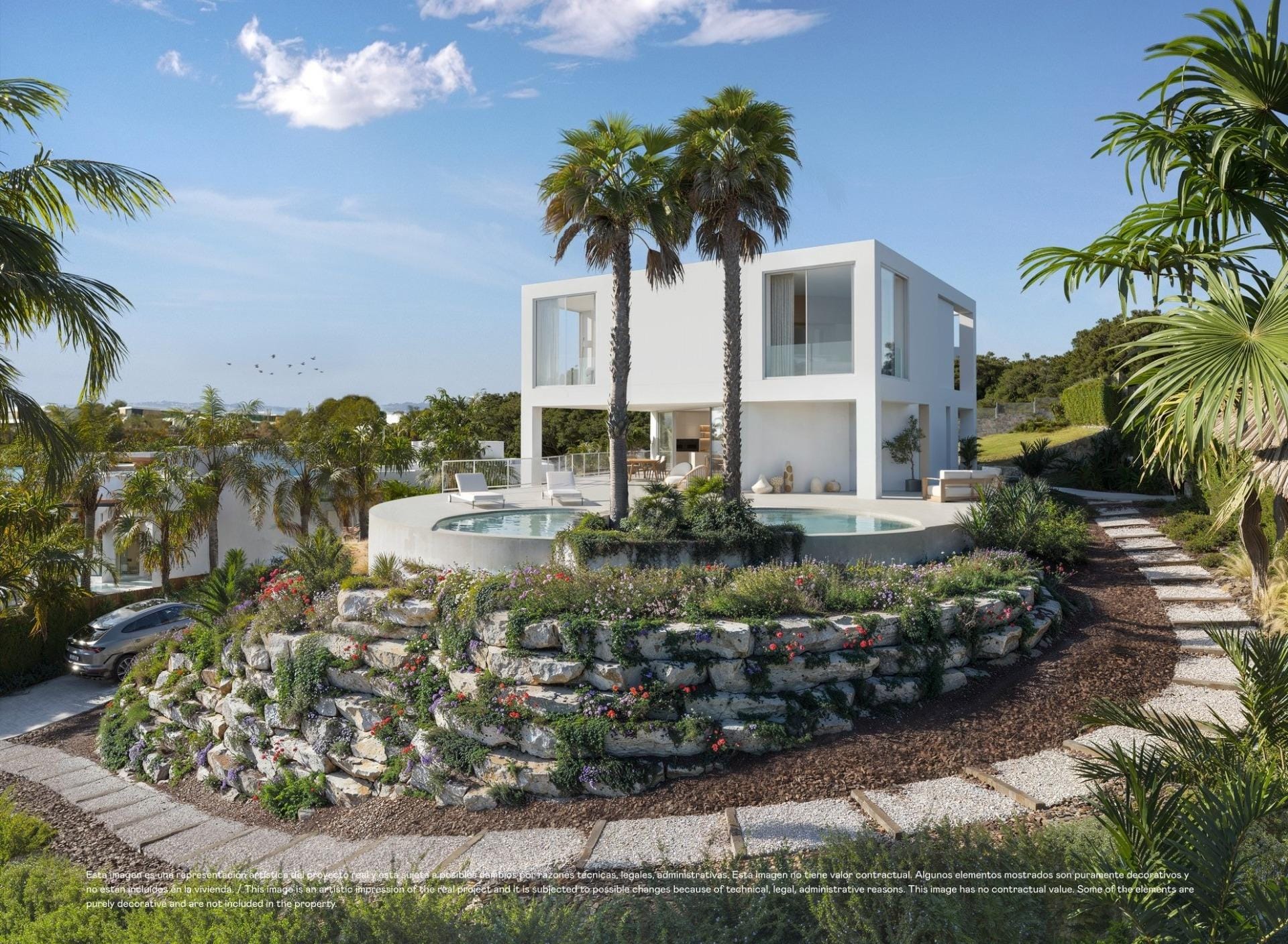 New-build luxury villas at Las Colinas Golf and Country Club Rendering of a villa with a private pool and landscaped grounds in Las Colinas Golf, Orihuela, Alicante