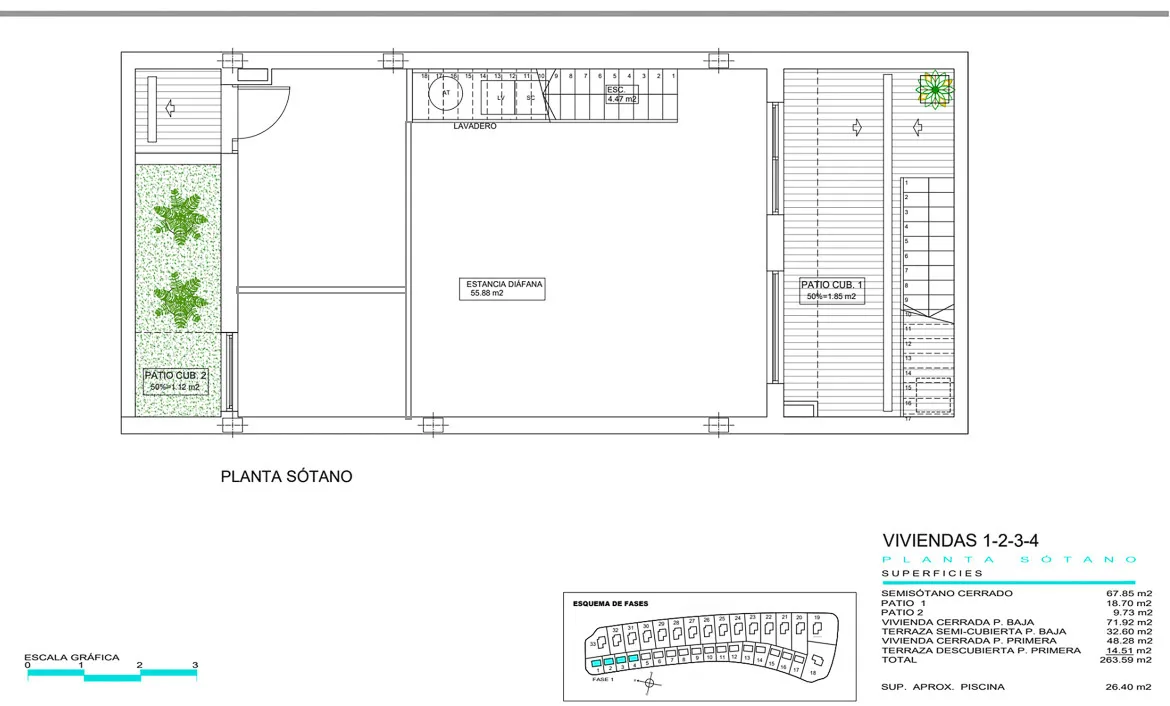 Basement floor plan showing an open central space, patios and stair access for the villa in Finestrat.