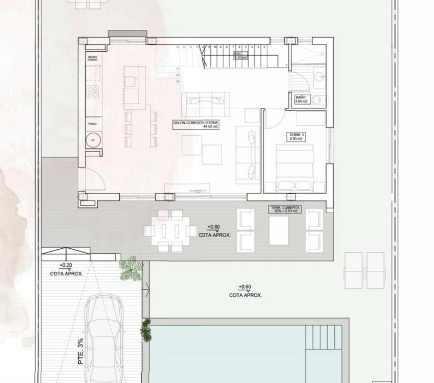 Ground floor plan showing living areas, a bedroom, pool, terraces and parking for the villa in Finestrat.