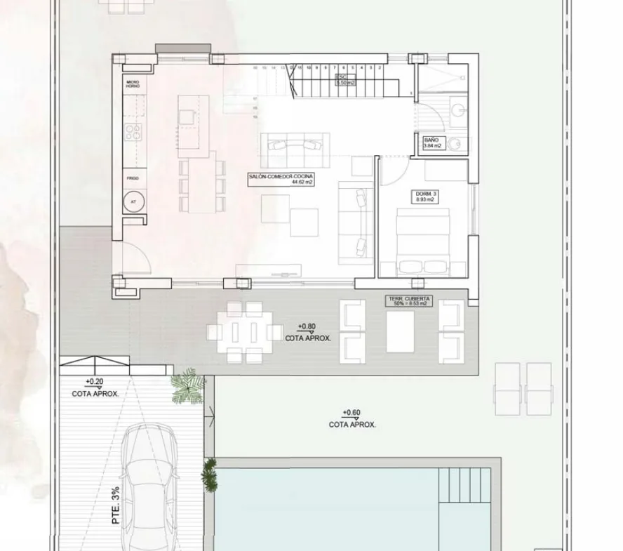 Ground floor plan showing living areas, a bedroom, pool, terraces and parking for the villa in Finestrat.