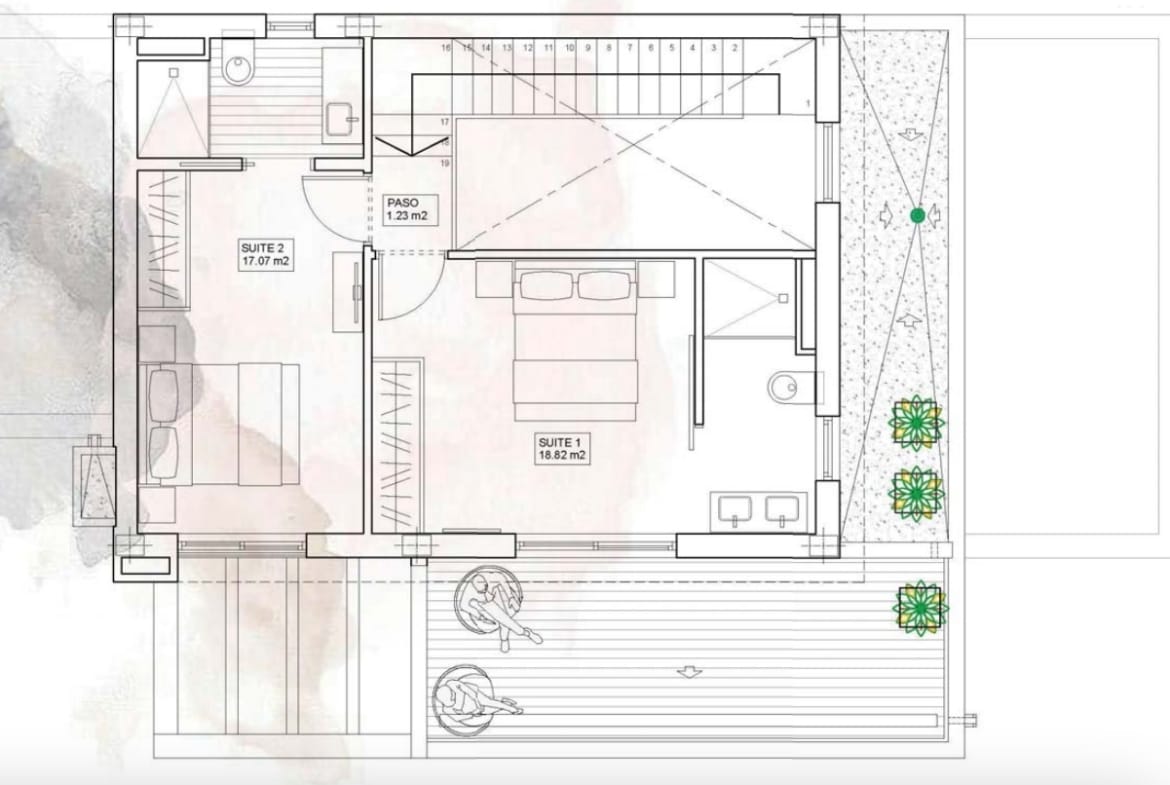 First floor plan showing two bedroom suites, bathrooms and a terrace for the villa in Finestrat.