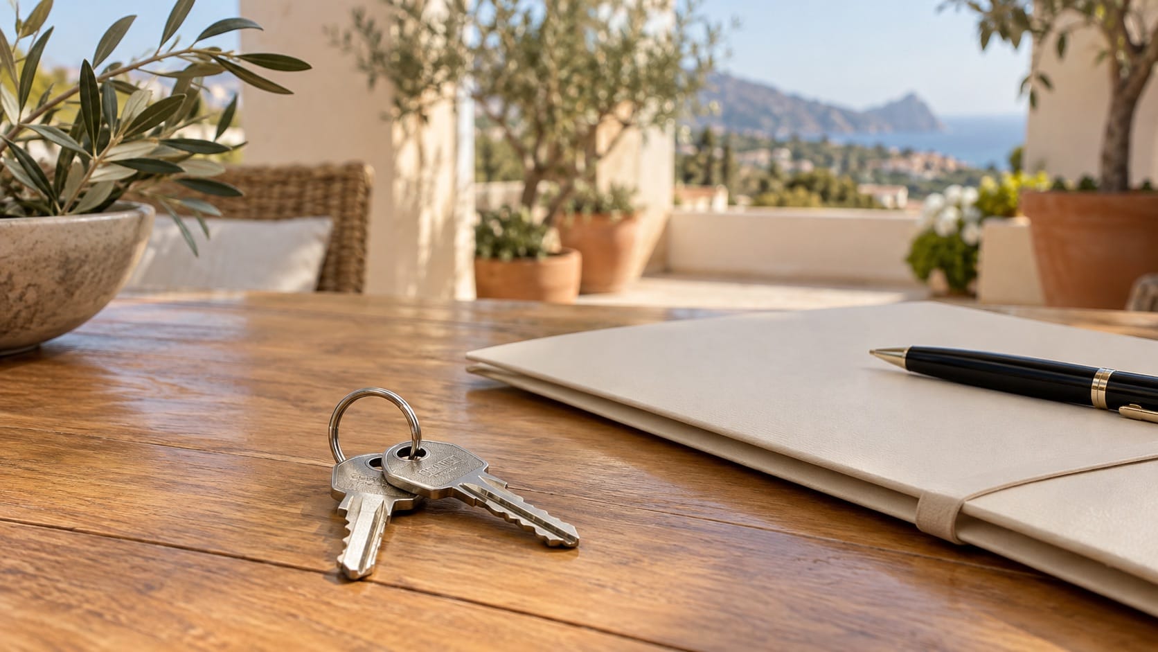 House keys, a document folder and a pen on a sunlit terrace table