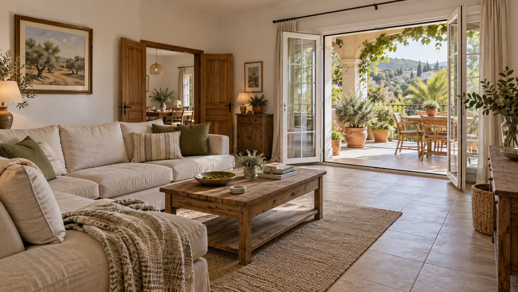 Furnished Mediterranean living room with French doors opening onto a shaded terrace