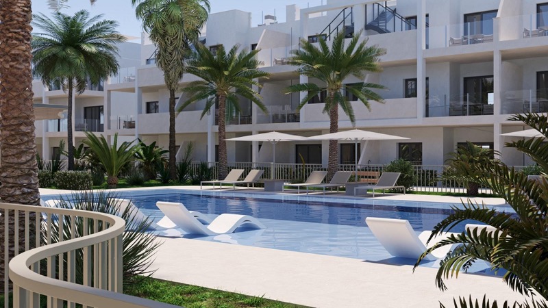 Developer visualisation of new-build apartments and a communal pool in San Cayetano, Torre Pacheco