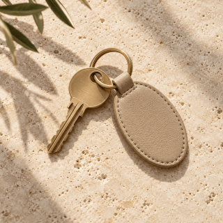 Brass house key with a beige leather key fob