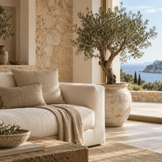 Inviting Mediterranean living room with linen sofa and olive tree