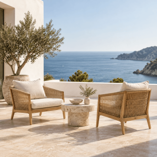 Quiet Mediterranean terrace with lounge chairs and a sea view